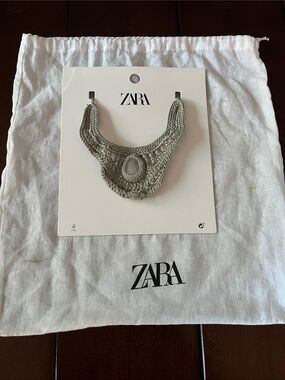 ZARA Light Gray Crochet Bib Necklace with Stone Accent